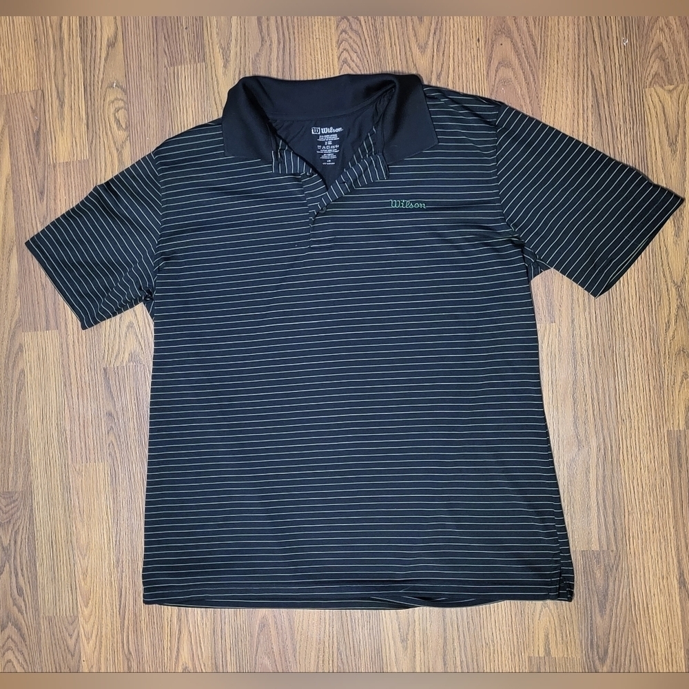 Wilson Men’s Large Black & Green Striped Performance Polo Shirt Golf Casual B95